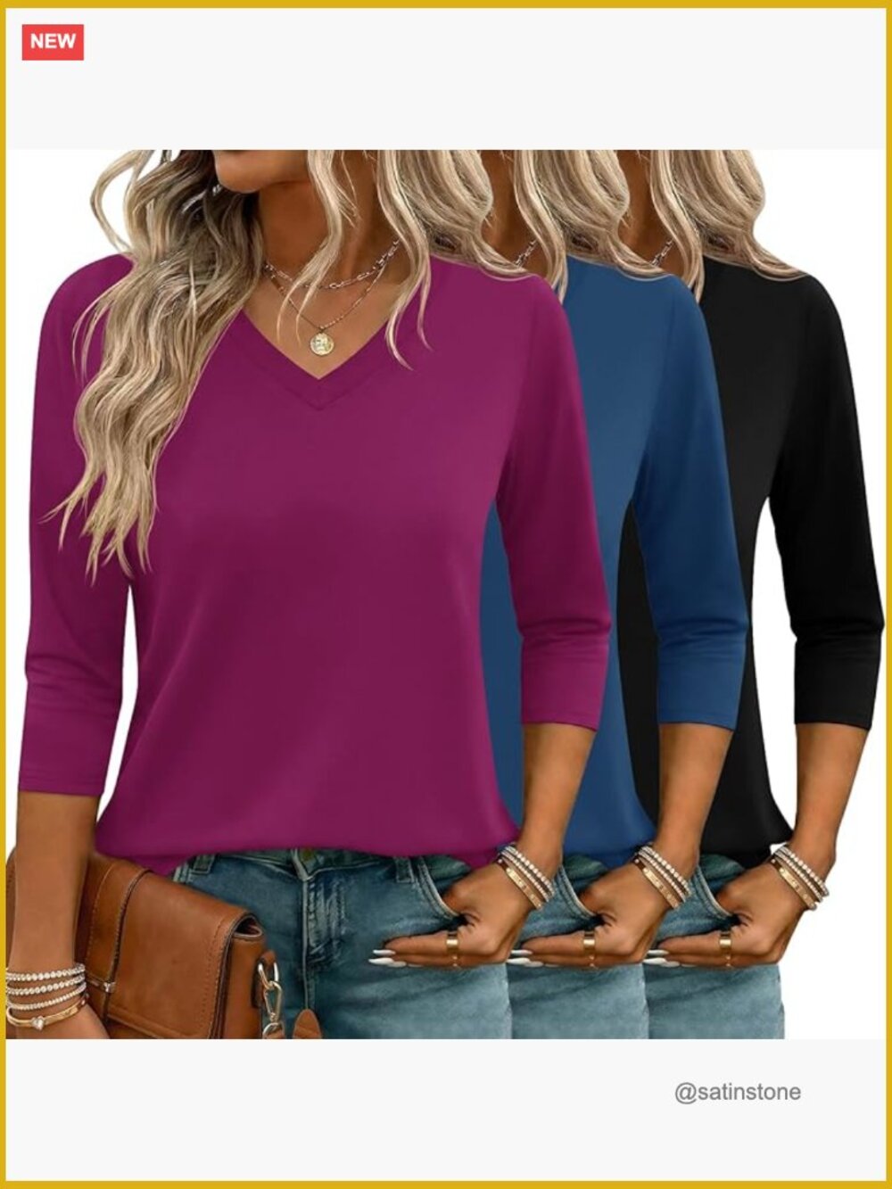 3/4 Sleeve V Neck Basics Tees Business Casual Summer T Shirts